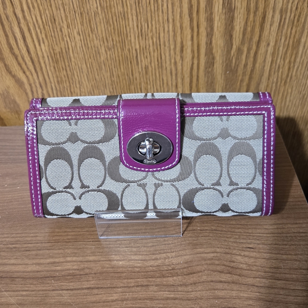 Coach Signature Canvas Wallet with Purple Patent Leather Trim